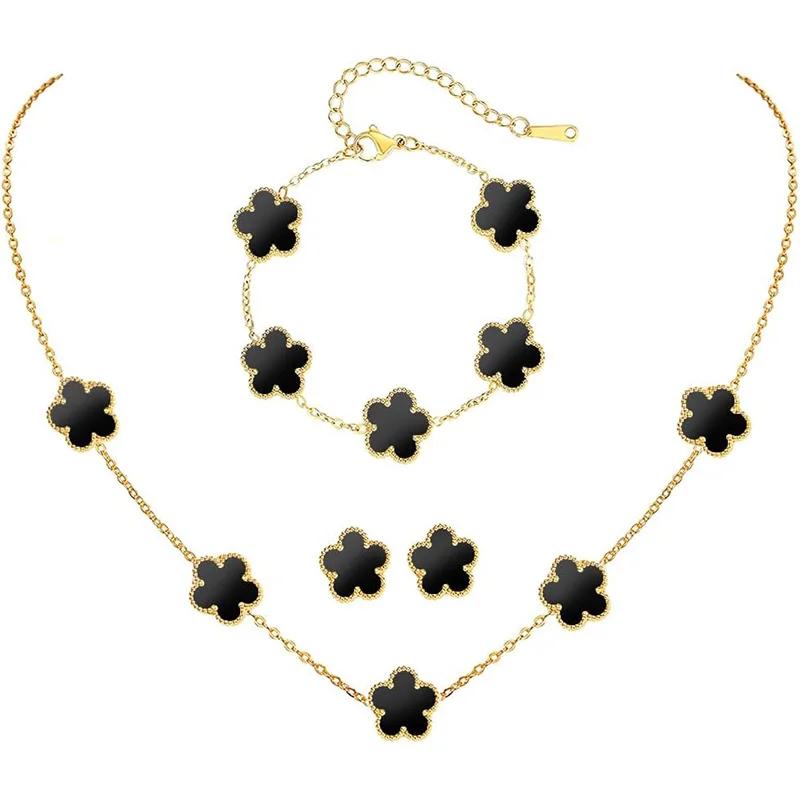 Conjunto de Joias Trevo Cor Prata para Mulheres Aço Inoxidável Hipoalergênico À Prova D'água Brincos Flor Colar Corrente Pulseira Novo