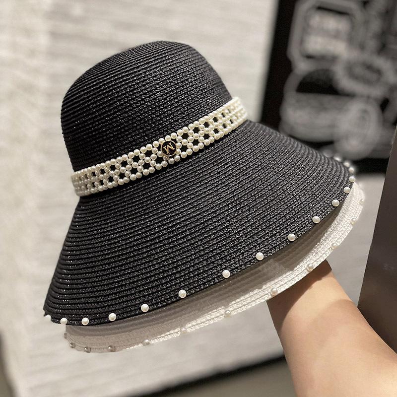 Ins Big Eaves Pearl Straw Fisherman's Hat Children Spring and Summer Seaside Beach Versatile Sunshade Straw Hat