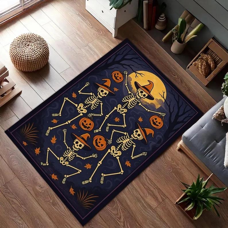 Halloween Carpet Abstract Pumpkin Skull Carpet Kitchen Anti Slip Spider Web Printed Carpet Living Room Home Decoration
