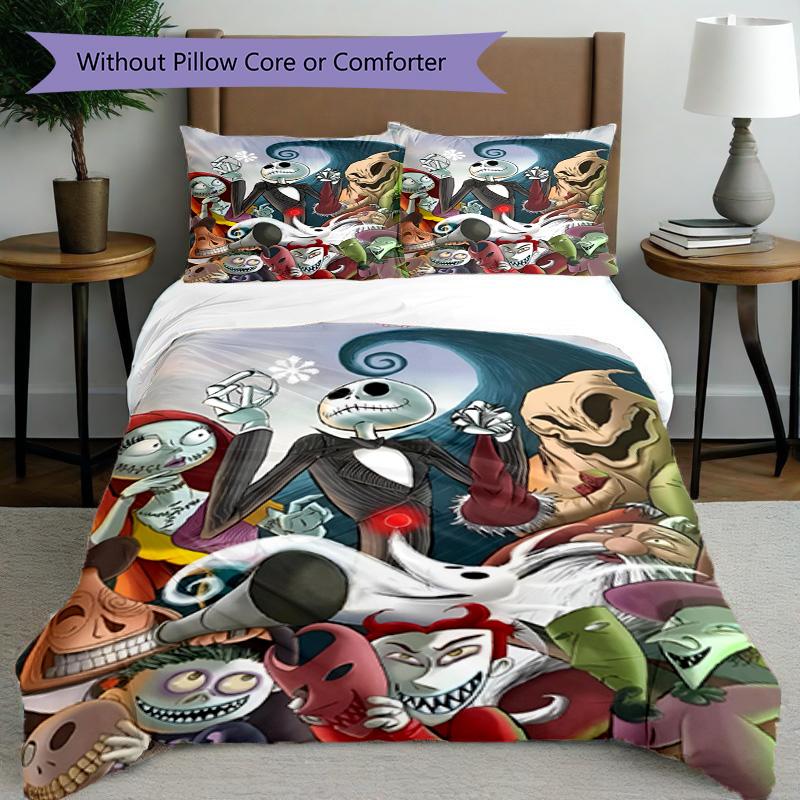 3pcs Duvet Cover Set (1*Duvet Cover + 2*Pillowcase, Without Core), The Nightmare Before Christmas Print Bedding Set, Bedroom Decor, All‑Season, Birthd