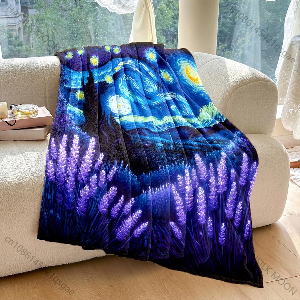 

Starry Night with Lavender Fields Pattern Blanket Flannel Material Soft Warm for All Seasons Home Outdoor Camping Picnics RV 75x100cm