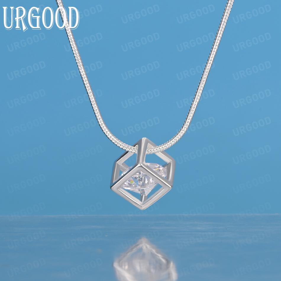 925 Sterling Silver AAA Zircon Square Pendant Necklace Fashion Wedding Jewelry