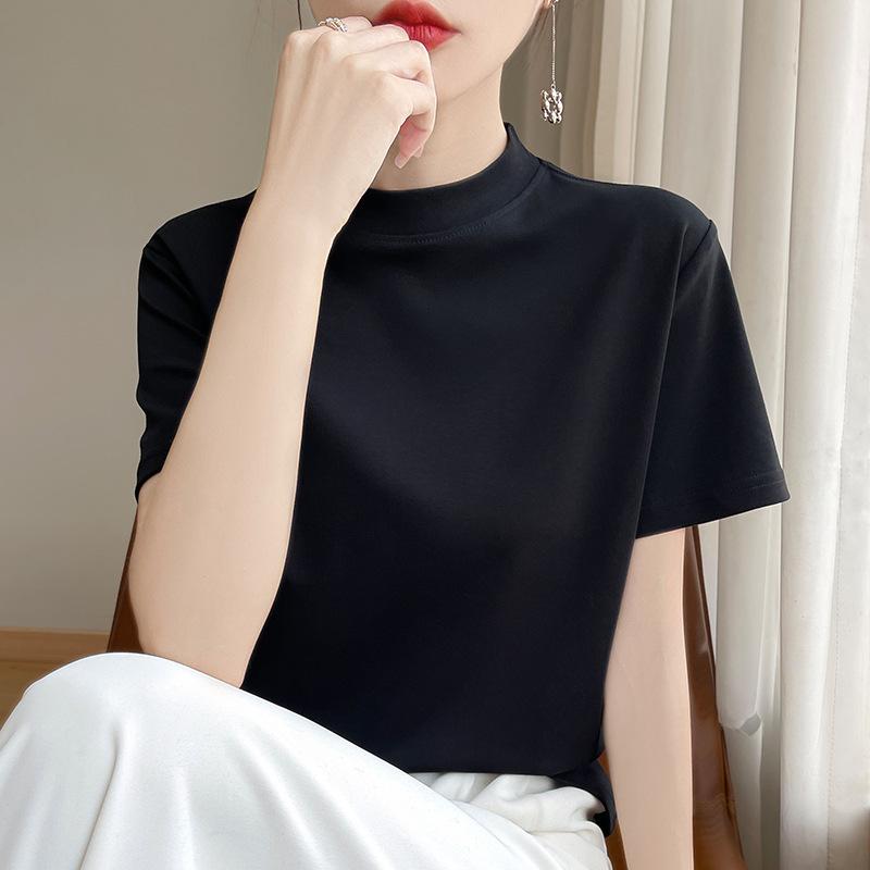 Spring and Autumn Semi-high-necked Cotton Short-sleeved Women's Stand-up T-shirt Joker Loose Sleeve Top Slim Bottom