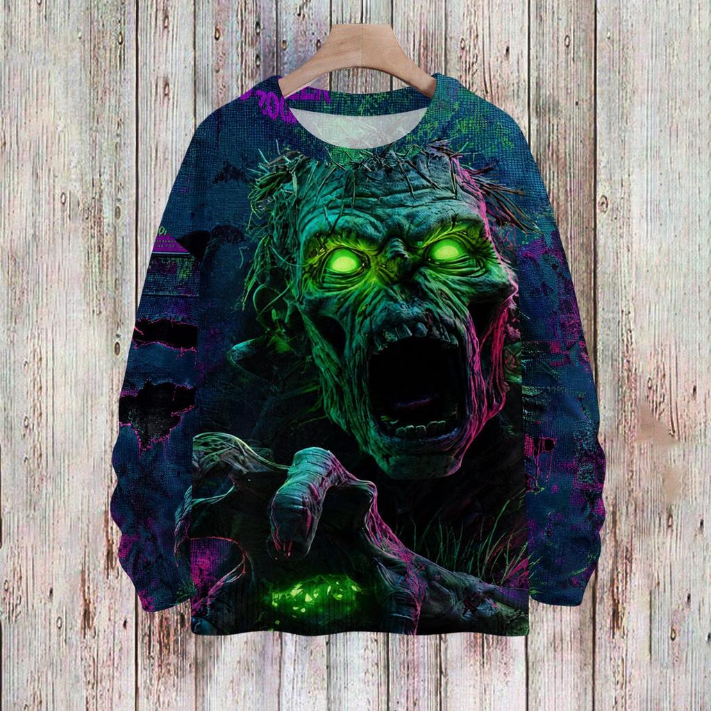 Women's Halloween Print Knit Sweater Long Sleeve Round Neck Casual Pullover