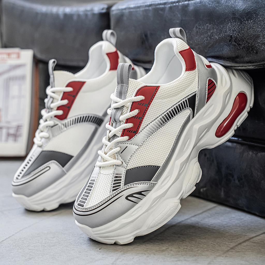 ForeignTrade FashionCasual Leather Mesh Splicing Trend Comfortable and Breathable Low Top Thick Sole Height Increasing Dad Shoes