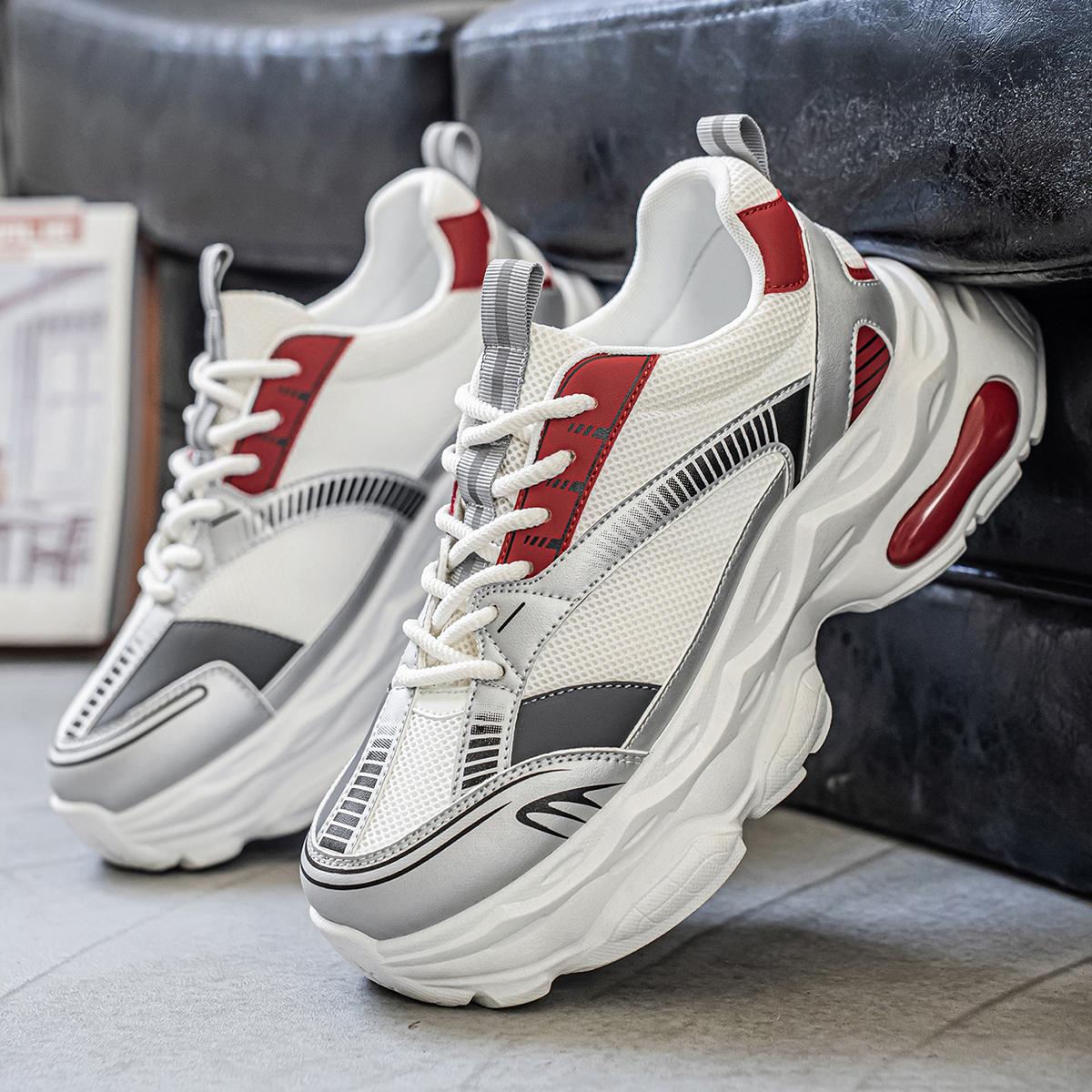 Fashion Casual Leather Mesh Dad Shoes Comfortable Breathable Thick Sole Height Increasing Low Top Sneakers 39
