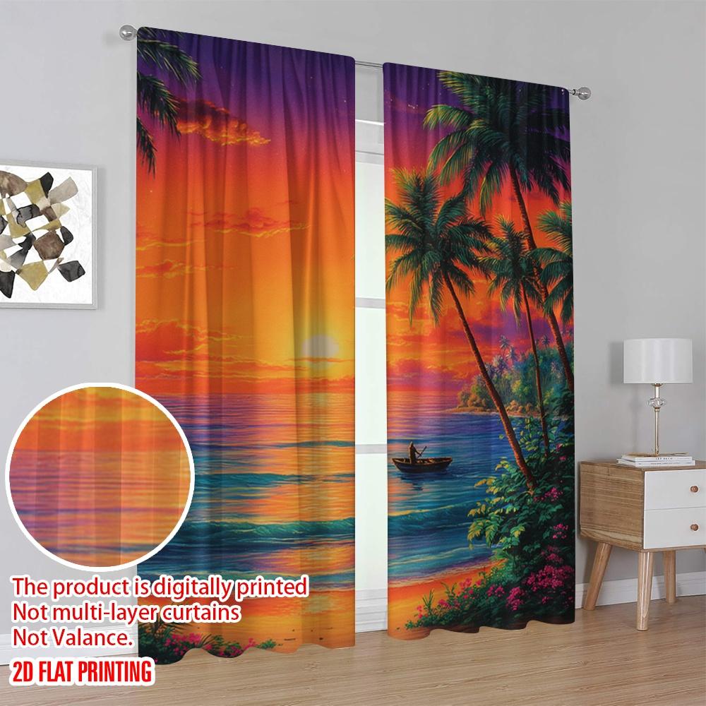 Set Of 2 Flat Printing Curtain Tropical Sunset Beach Ocean Kayak Digital Printed Polyester Drapes All Season Party Holiday Made