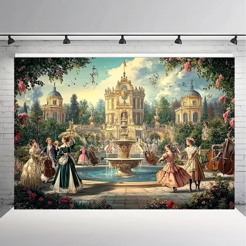 

2D Enchanted Rococo Garden Backdrop, Classical Dancers & Baroque Palace for Events 47.2x31.5inch/120*80cm
