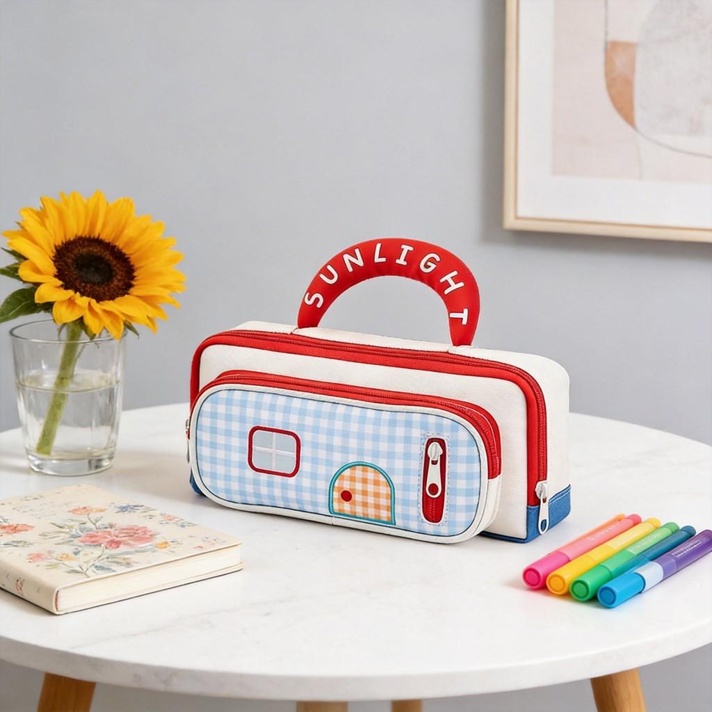 Color Blocks House Pen Case With Large Capacity For Office And School Use