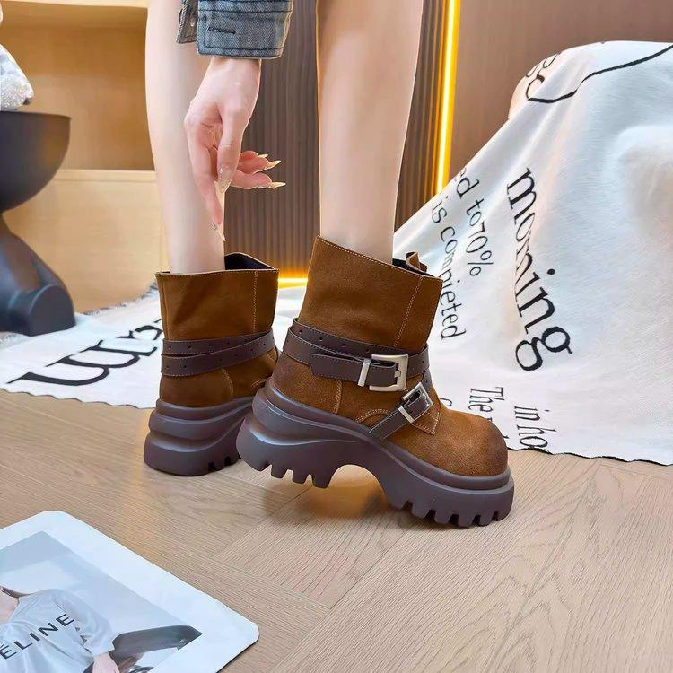 Cowhide version~ thick-soled heightening short boots women's 2025 new autumn retro western boots small big-headed knight boots