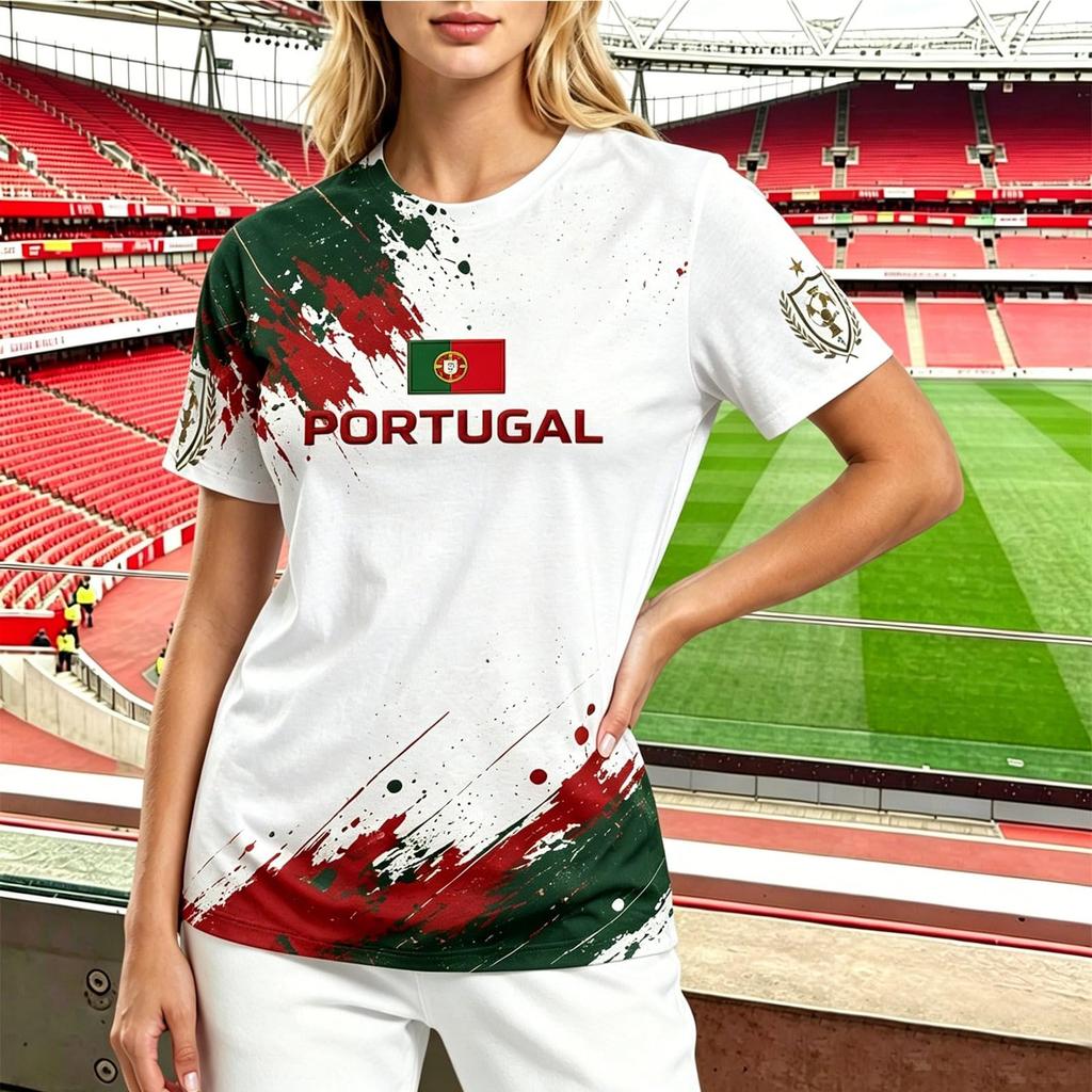 Women's Short Sleeve Round Neck Soccer Fan T-Shirt with Graphic Print