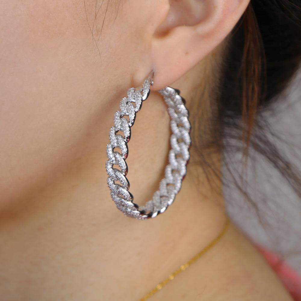 New 48mm Big Hoop Earring Cuban Chain Shape Circle Micro Paved Mini Bling Cubic Zircon Silver Color Hoop Women Fashion Jewelry