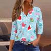 Women's Fashion Casual Christmas Print V-Neck Button Three-Quarter Sleeve T-Shirt Top