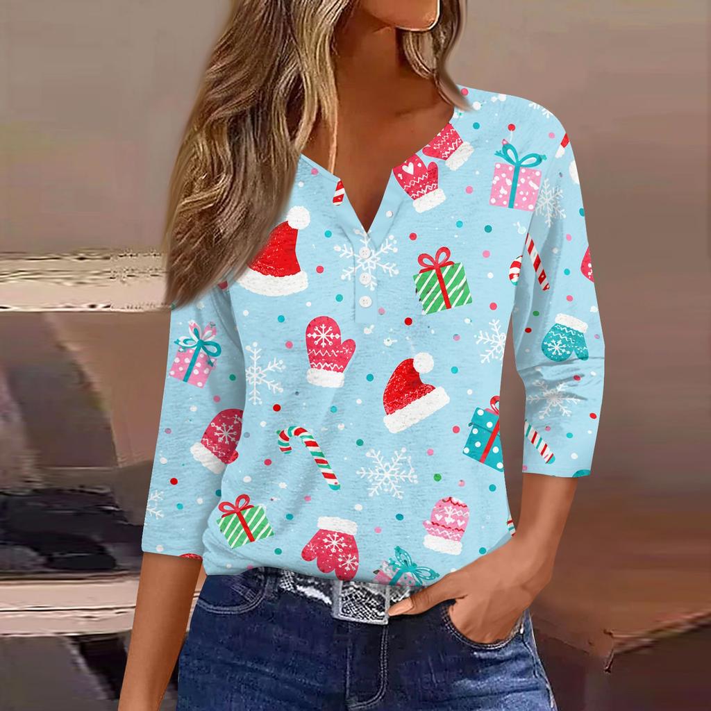 Women's Fashion Casual Christmas Print V-Neck Button Three-Quarter Sleeve T-Shirt Top