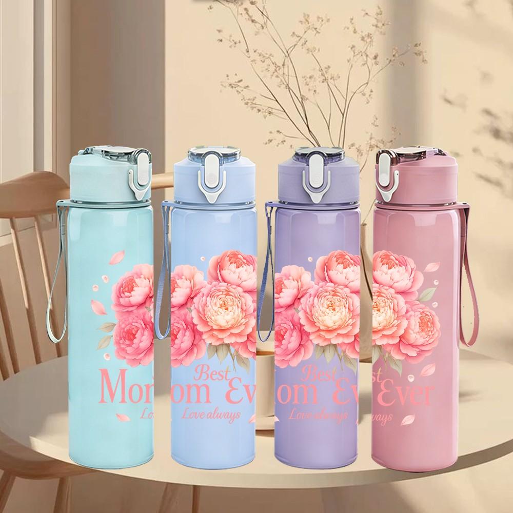 1PC Mom Rose Floral Pattern 750ml Color Plastic Sports Water Bottle Leakproof Flip Straw Lid Suitable for Sports Office Home Use