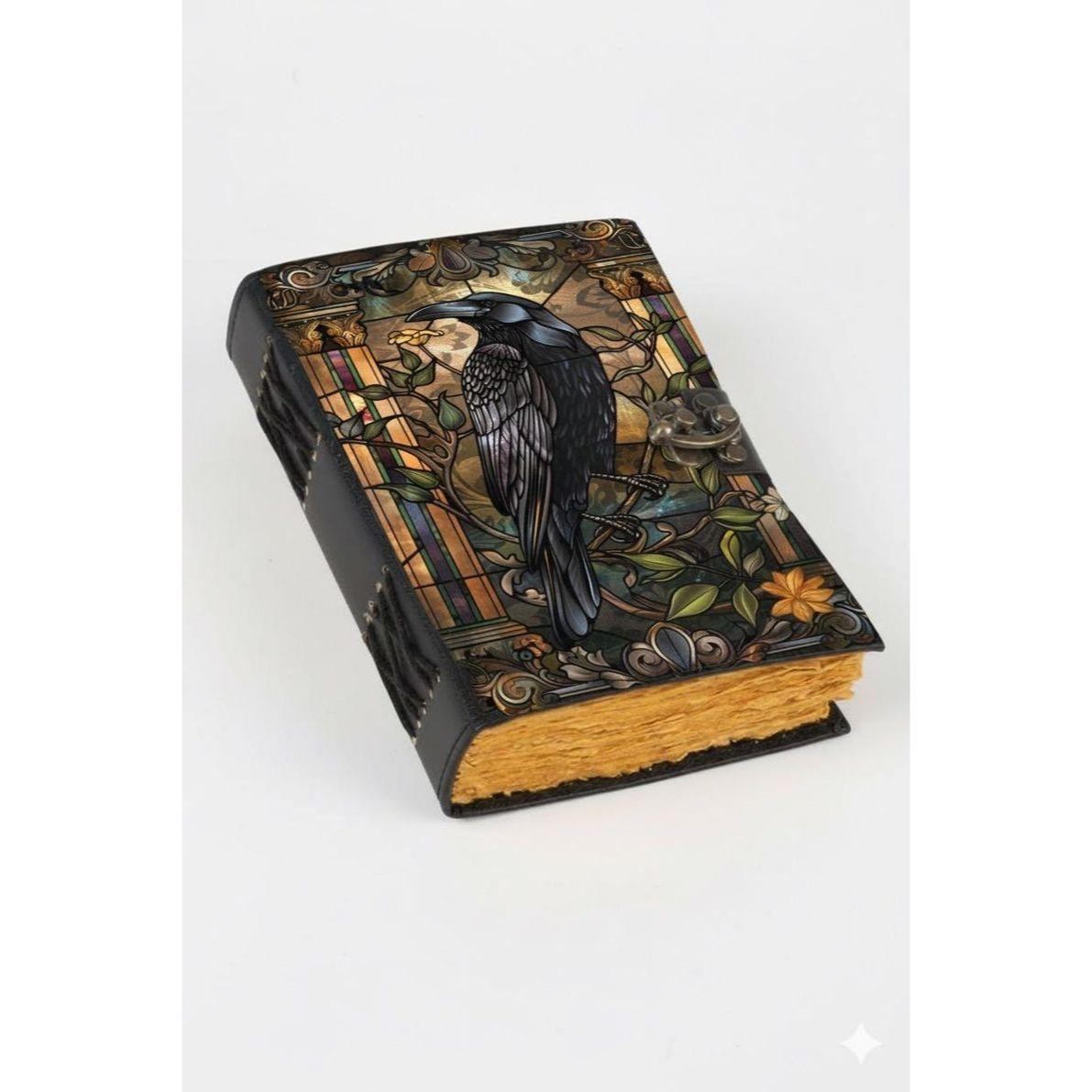 

Large Grimoire Vintage leather journal, Raven Leather Journal, Blank spell book of shadows Halloween Gifts For Him Her 7 x 5 in - 100 SHEET