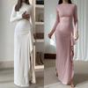 Fashion Waist Split Women's Evening Dress Elegant Slanted Shoulder Collar Pleated High Neck Long Sleeve Irregular Dress