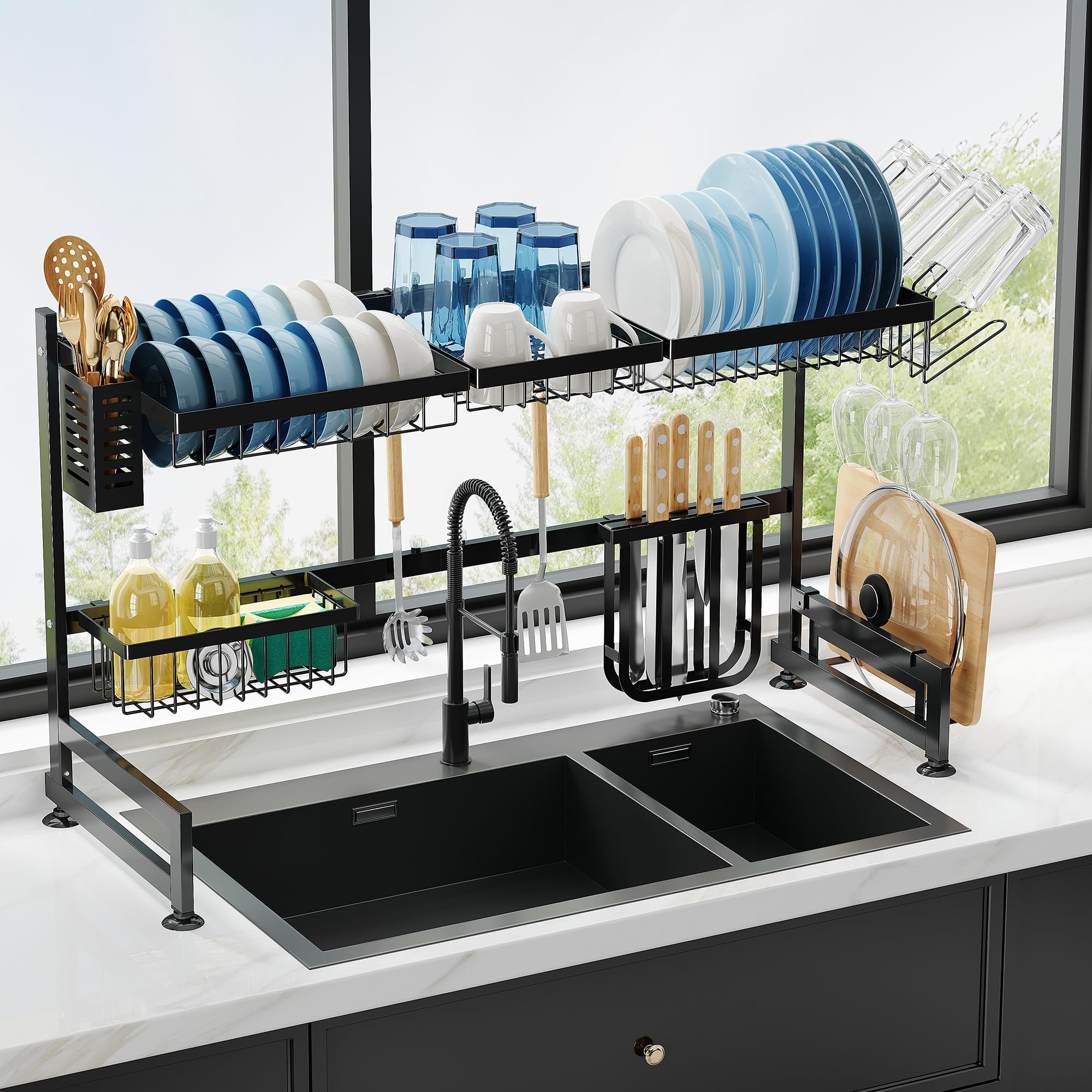 

MAJALiS Над раковиной 2-ярусная сушилка для посуды Кухонная сушилка для посуды Сушилка для посуды Кухонная над раковиной Сушилка для посуды Сушилка для посуды Автоматическая Большое пространство Легко 2 Черный