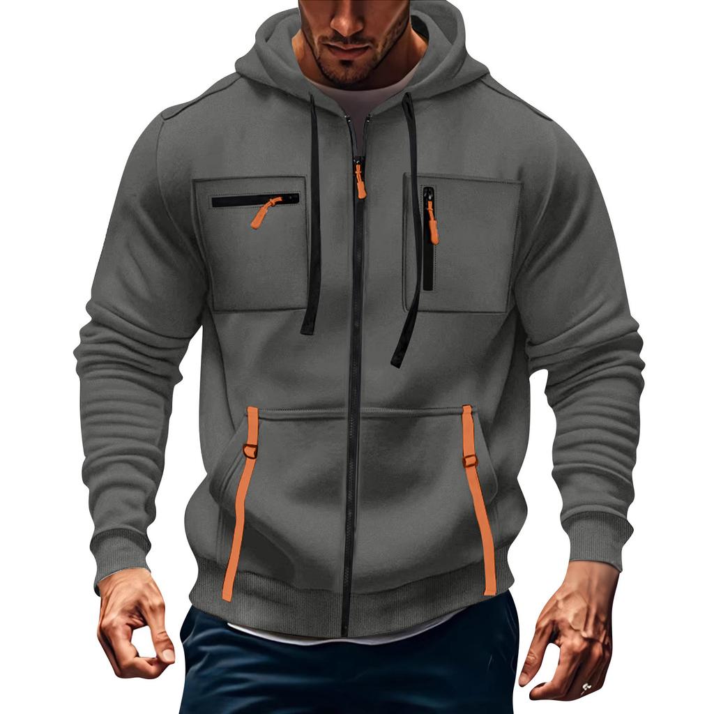 Men's Hoodie Sweatshirt Pocket Decoration Men's Full Zip Solid Color Sweatshirt