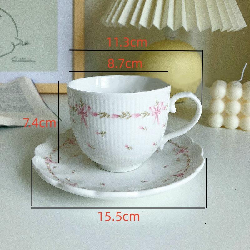 French Style Ceramic Cups Coffee Cup and Saucer Hand Pinched Retro Lace Relief Rose Bow Milk Tea Cups and Saucers Afternoon Tea