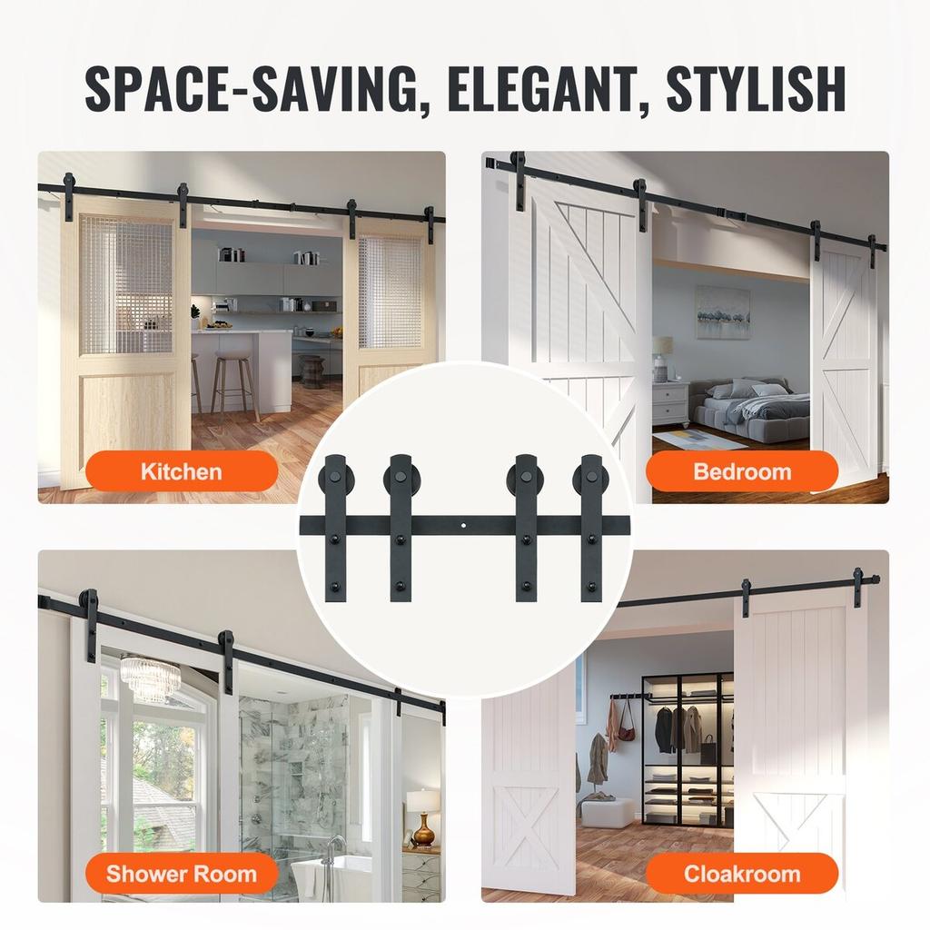 8FT Sliding Barn Door Hardware Kit, 330LBS Heavy Duty Barn Door Track Kit for Double Doors, Fit 3.7-4.3FT Total Wide and 1.3"-1.8" Thick 2 Door Panel,