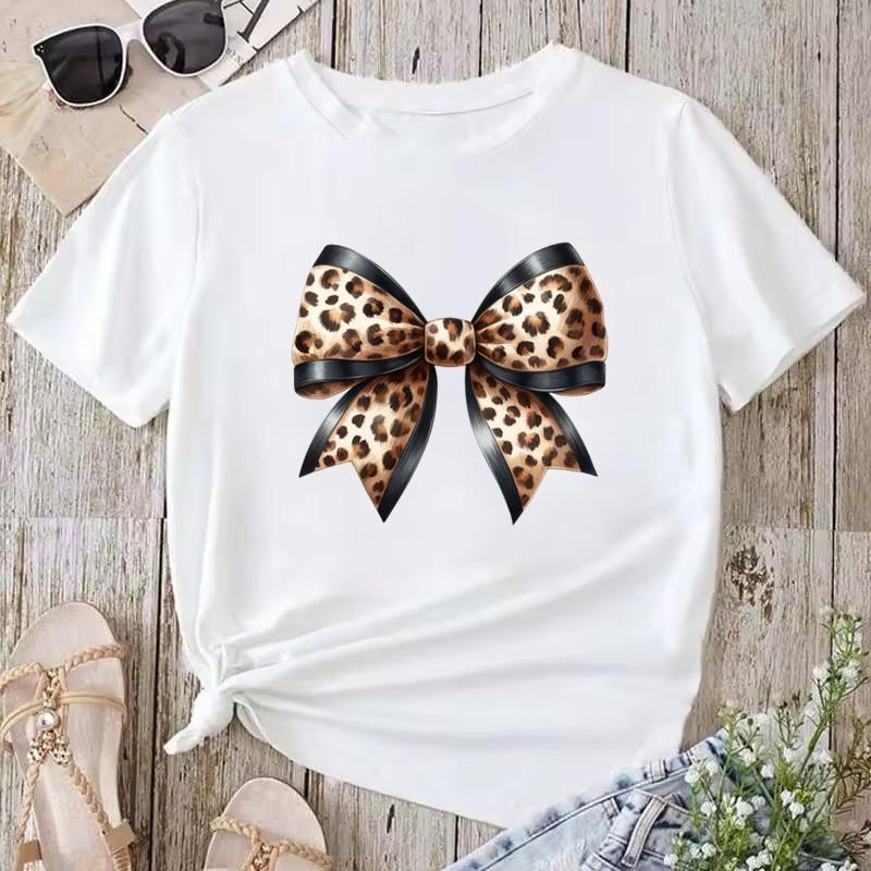 Fashionable Women Tshirt Summer Lightweight Knit Slightly Stretchy Short Sleeve Leopard Print Bow Tshirt Womens Clothing