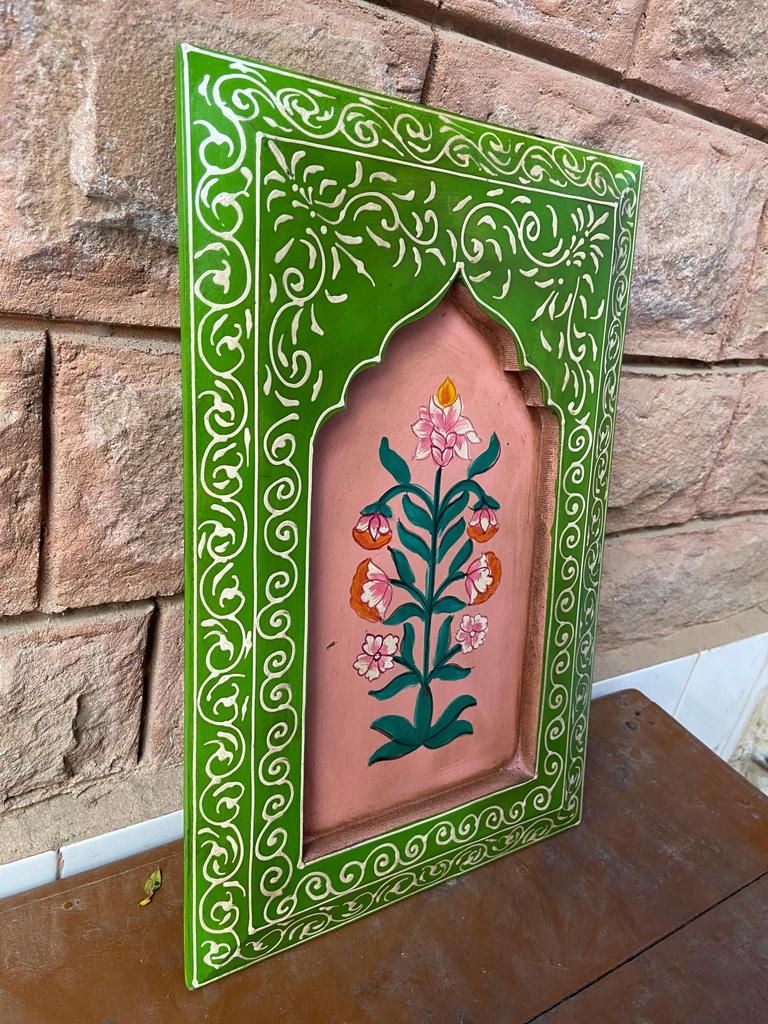 Hand-Carved Floral Wall Decor: Vintage Indian Painted Wood Art