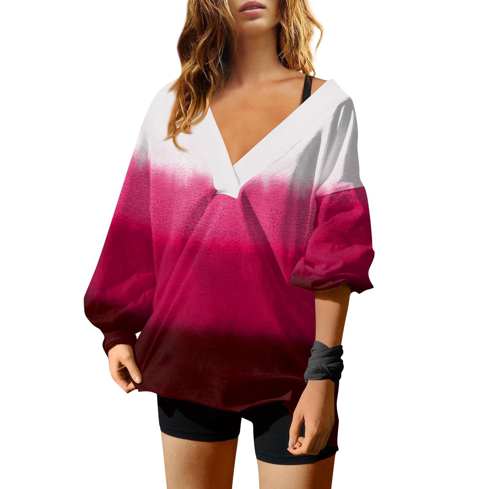 

Женская мода V-образный вырез длинный рукав принтованный свободный пуловер свитшот топ S