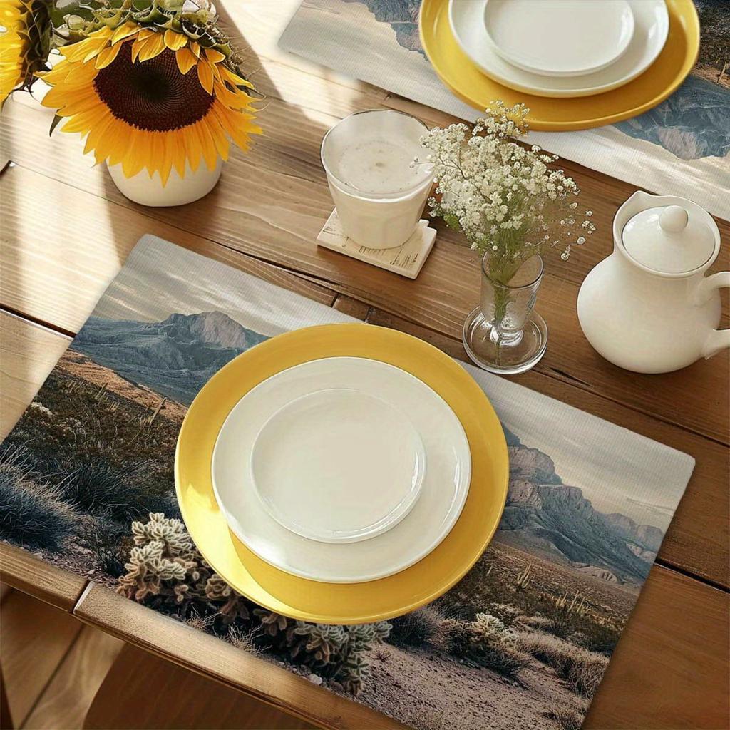 4pcs Cactus Mountain Wilderness Theme Placemats, Rectangular Kitchen Table Mats (12" X 18"), Perfect for Holiday Gatherings, Bir