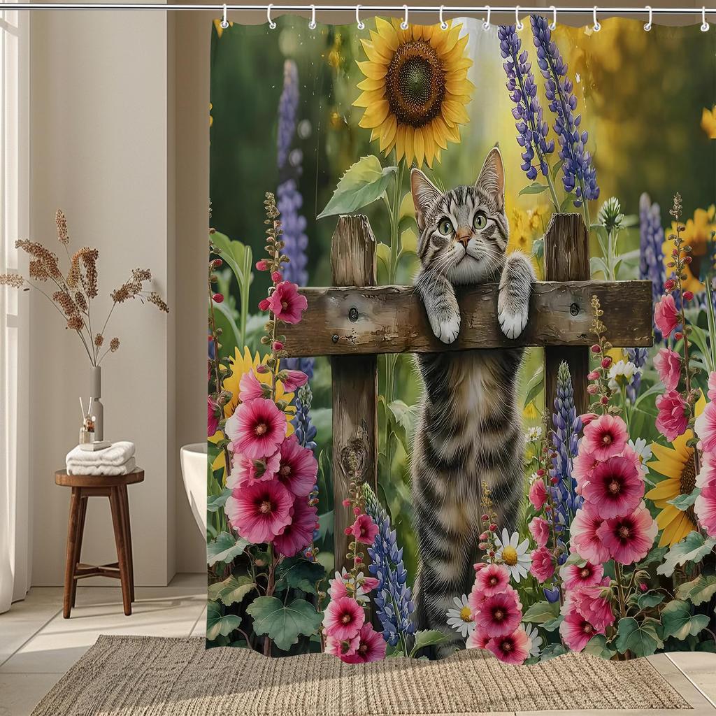 Funny Japanese Cat Sunset Shower Curtain, Vintage Anime Ocean Wave Kitten Decor, Artistic Waterproof Washable