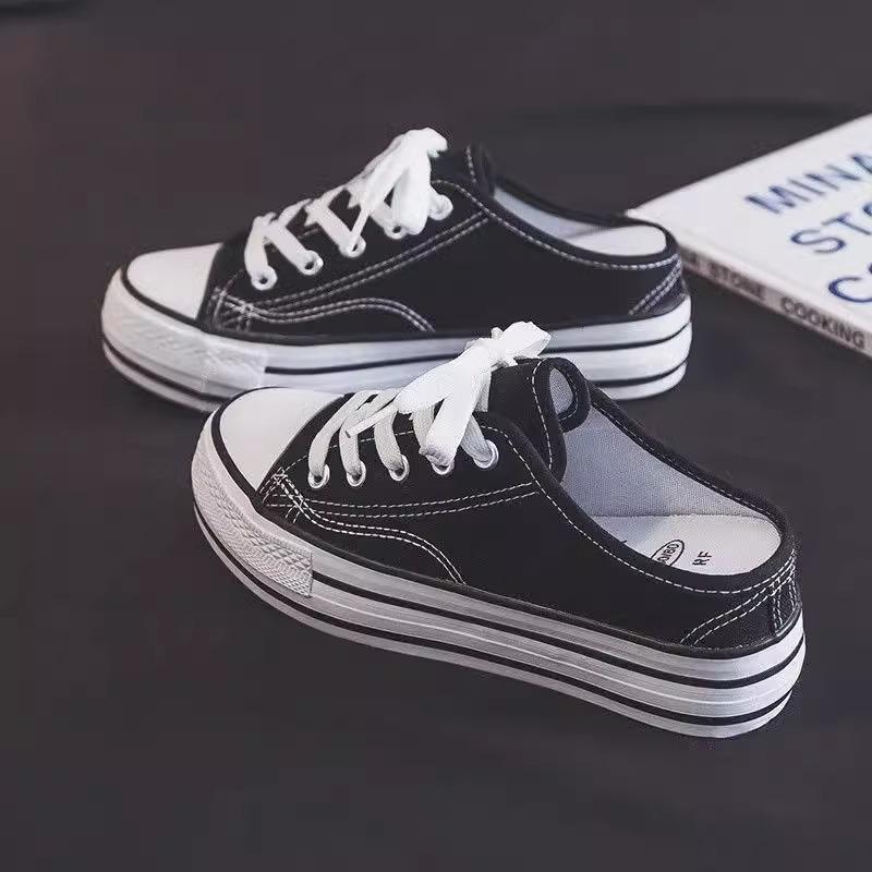 Platform canvas shoes half-drag women's shoes little white shoes women's 2025 spring new models without heels, half-stepping lazy shoes women