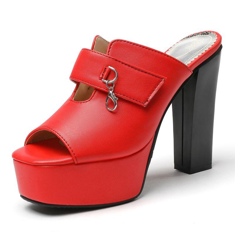 

Сексуальные повседневные женские сандалии с квадратным носком, блочным высоким каблуком 12 см, платформой 4 см, мюли-слипоны, металлическая отделка, большой размер 49 50 39 красный