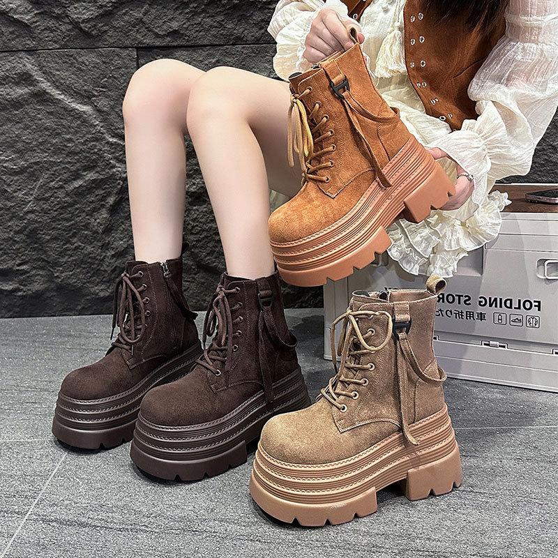 British Martin Boots Women's Autumn and Winter New Single Boots Retro Lace-up Thick-soled Heightening Muffin Thin Short Boots