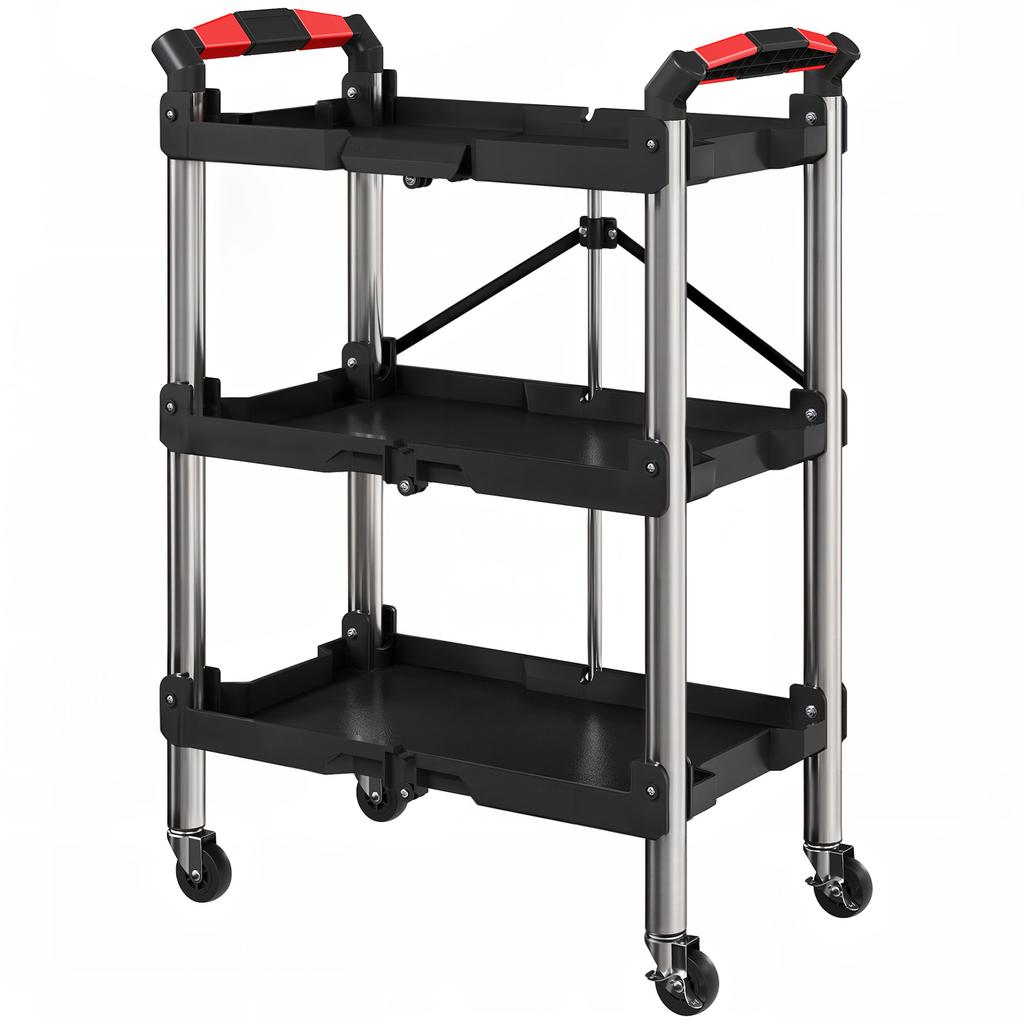 Foldable 3 Tier Tool Trolley Plastic Steel Black