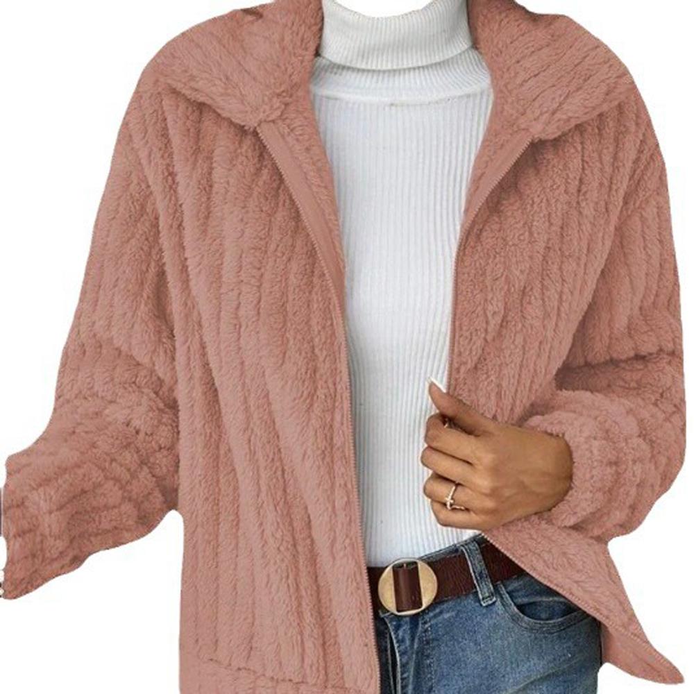 Women Fleece Basic Jacket Casual Female Turn Down Collar Teddy Pit Warm Zip Up Short Coats