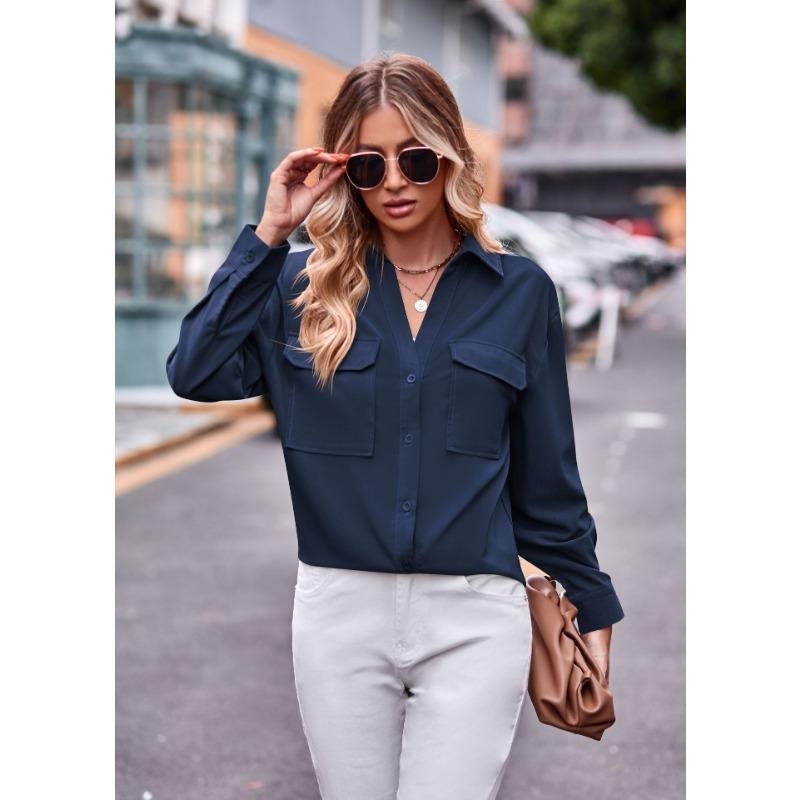Women S Long Sleeve Solid Color Button Up Shirt With Pockets Casual