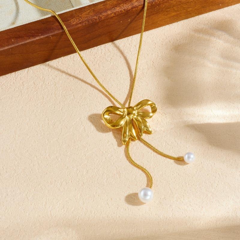 Gold Plated Bowknot Faux Pearl Y-Shape Snake Chain Necklace for Women Stainless Steel