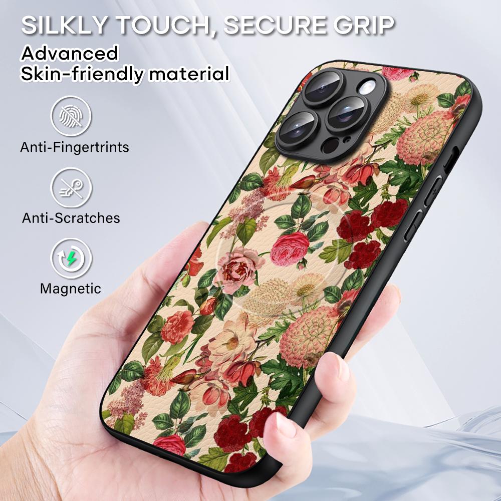 Art Retro floral pattern painting design Phone Case For iPhone 16 15 14 13 12 11 Plus Pro Max High-end Luxury Magsafe Sheepskin
