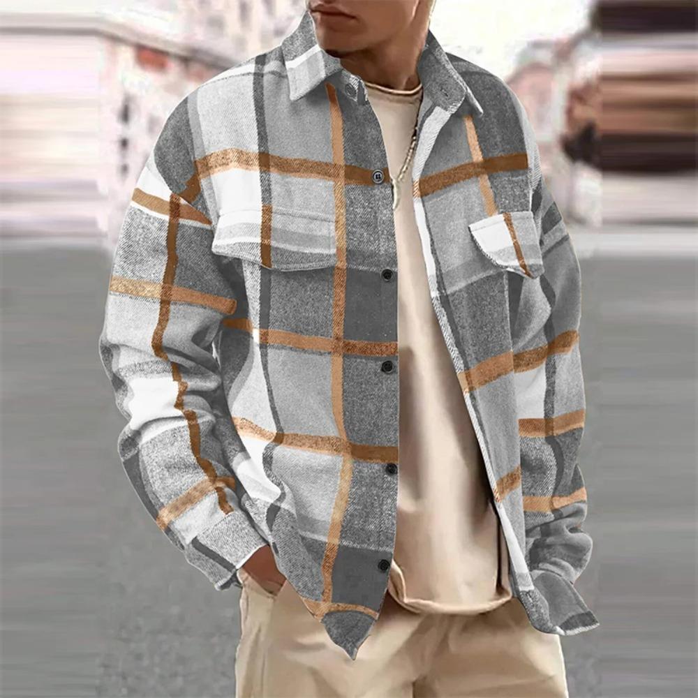 

Новая мужская рубашка в стиле легкой роскоши, корейская городская мода, ретро, с длинным рукавом, карман, кардиган, топы, высокое качество, утолщенная, в клетку, блузка S-2XL XXL светло-серый