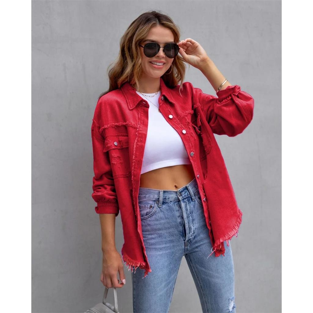 VAYLA Holes Raw-edges Denim Jacket Women Spring Autumn Shirt Style Jeancoat Casual Top Rose-Red Orange Purple Outerwear Lady Coat