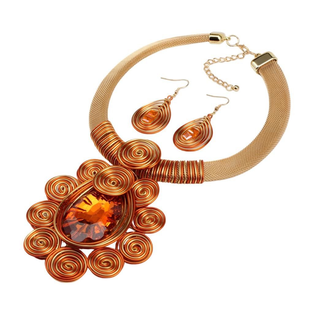 Crystal Pendant Necklace Earrings for Women Chunky Statement Flower Festival Ethnic Tribal Jewelry Accessories