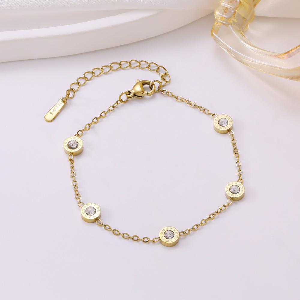 Elegant Roman Numeral Diamond-Inlaid Titanium Steel Bracelet for Women - Simple Stainless Steel Jewelry