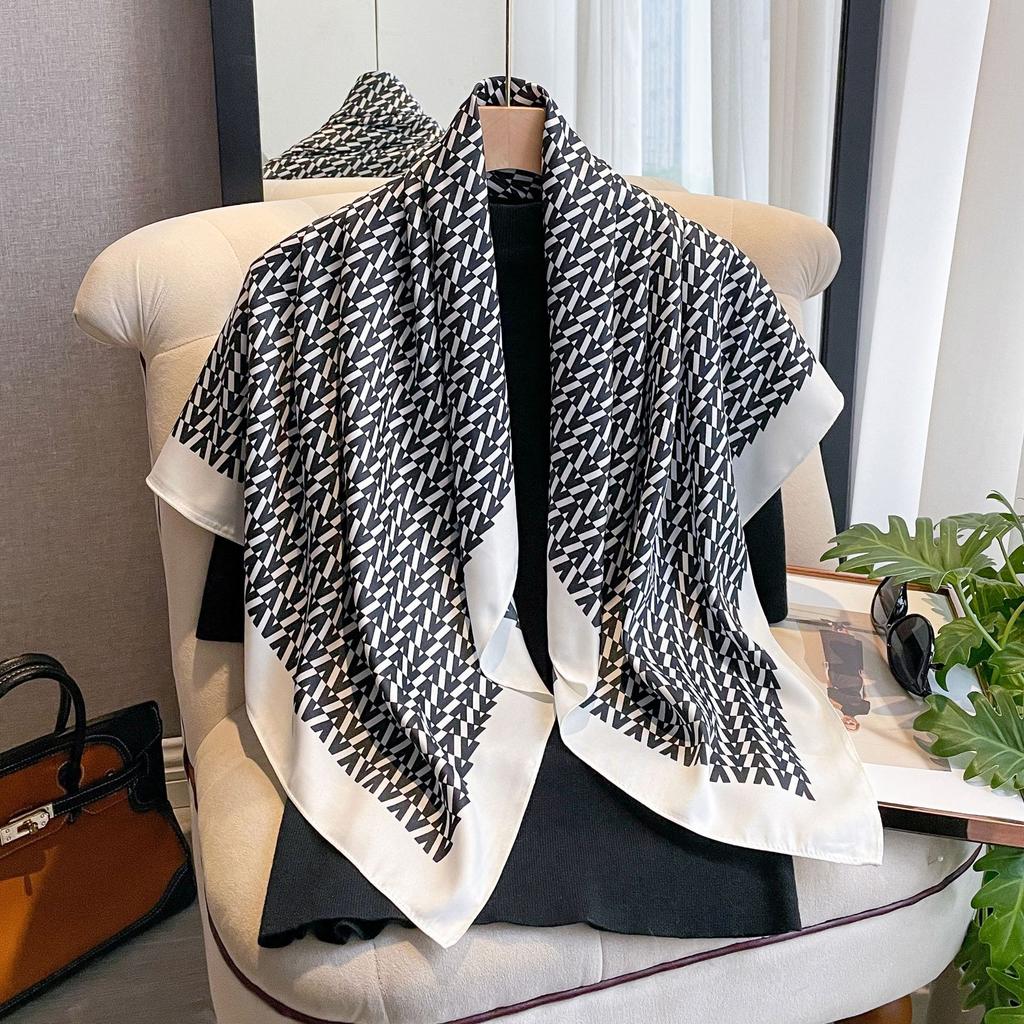 Letter Diagonal Silk Pattern 90 Square Scarf Printed Imitation Silk Fashionable Versatile Shawl Outer Headscarf Scarf