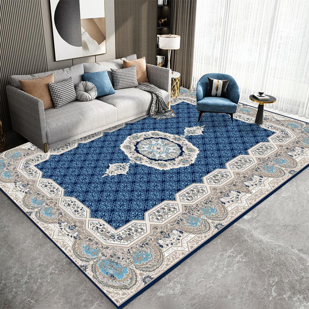 Persian Pattern Nation Carpet Mat Rug Geometric Border Blue White Classic Elegant Home Decoration Living Room Bedroom Floor Mat