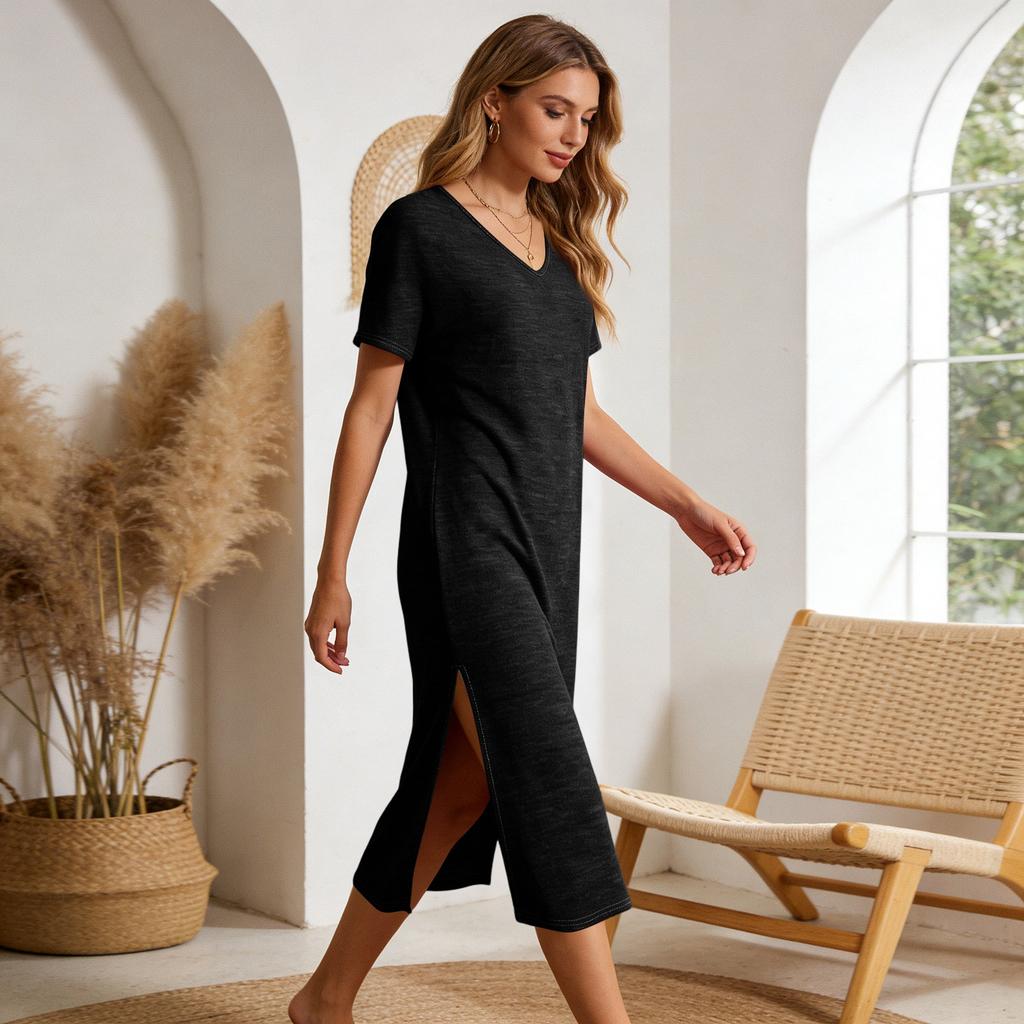 Women’s Short Sleeve V Neck Casual Maxi Dress with Side Slit Loose Fit Lightweight Knit Fabric