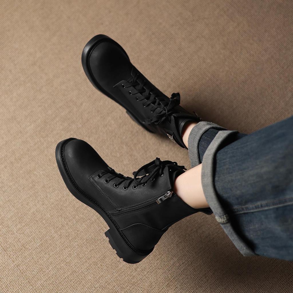 Krazing Pot Genuine Leather Winter Round Toe Western Boots Med Heels Women Cross-tied Lace Up Women Ankle Boots