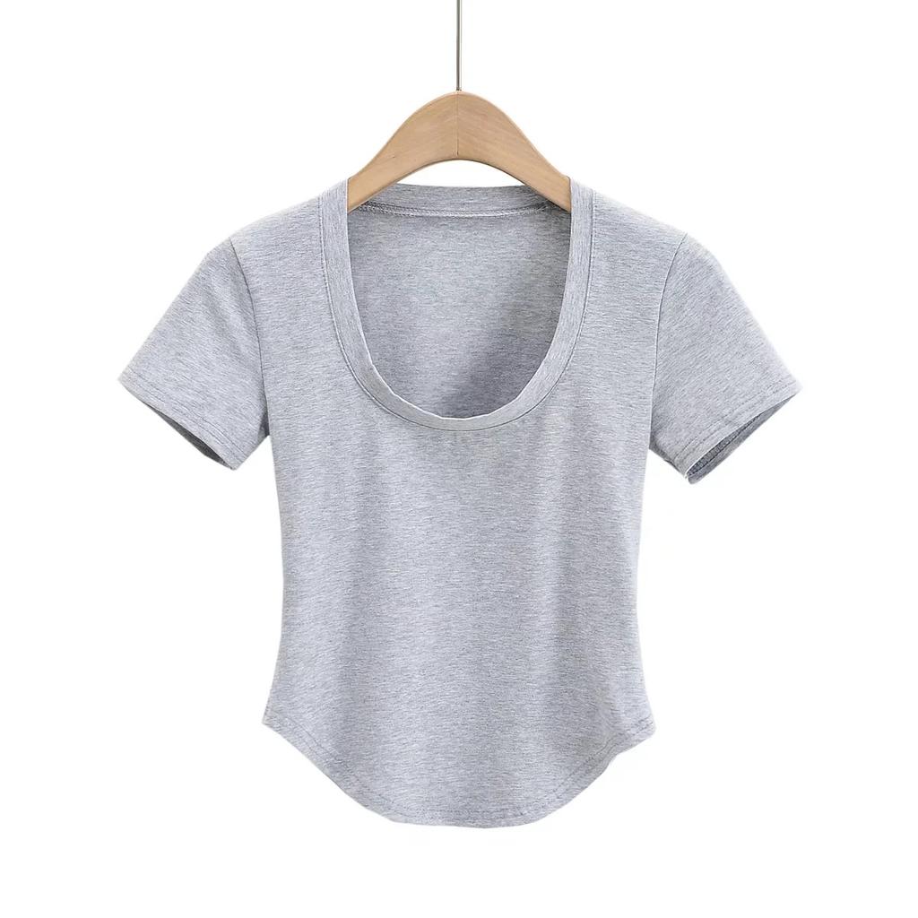 American Summer New Style Chest Revealing U-Neck Slim Fit Short Sleeved Top Sexy Slim Fit Revealing Short Curved Hem T-Shirt