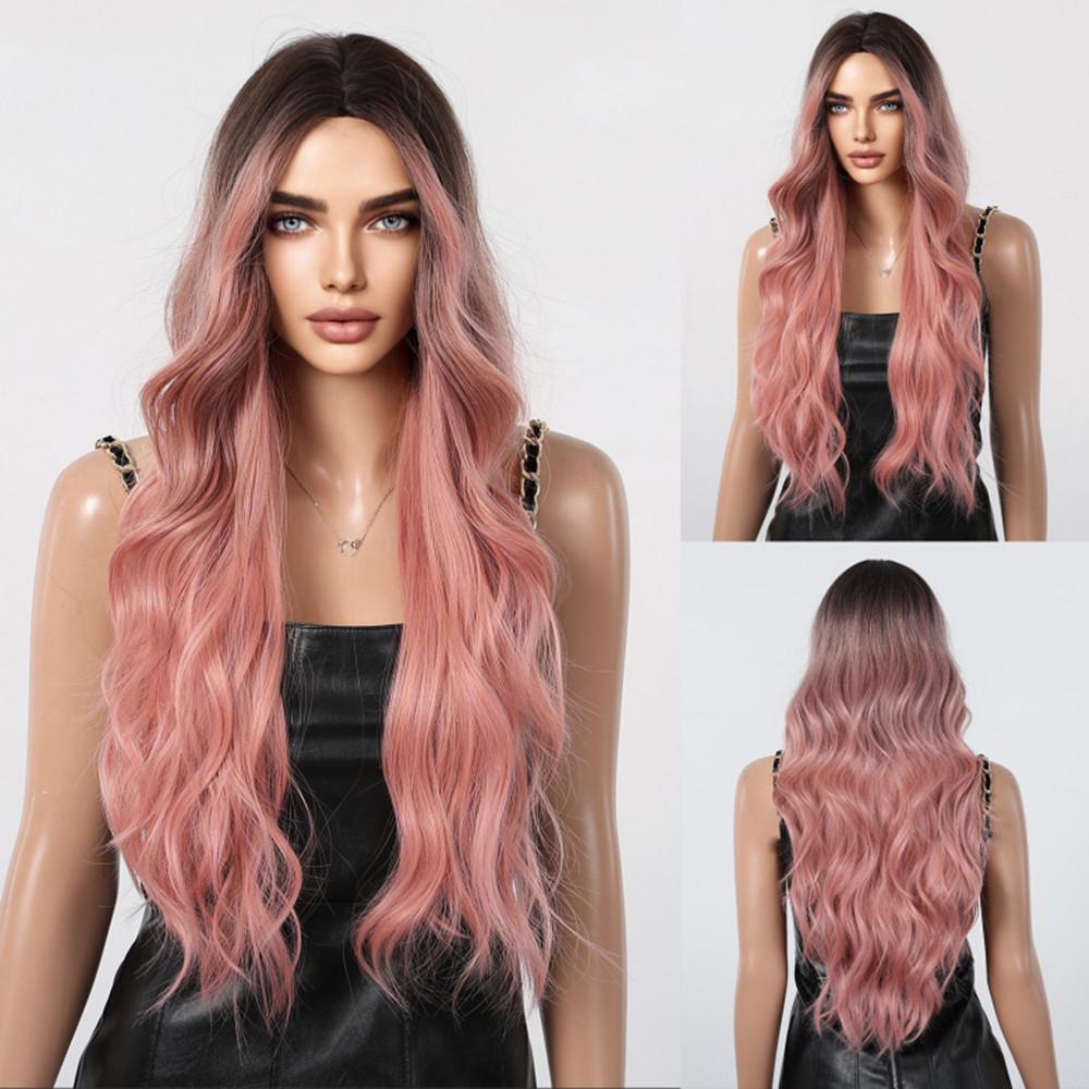Blonde Synthetic Wigs with Pink Highlights Long Ombre Natural Wavy Wig Middle Part Hair for Party Daily Use Heat Resistant Fiber