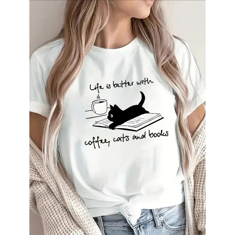 Life Is Better with Coffee Cats & Books Print Casual Lightweight Tee
