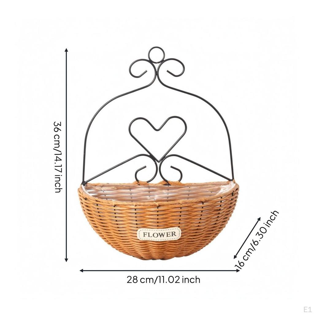 WallHanging Flower Basket Metal Frame FauxRattan Hanging Heart Accent Planter Clear Liner